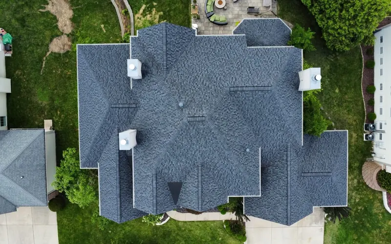 Aerial view of a St. Louis home with a new blue-gray shingle roof